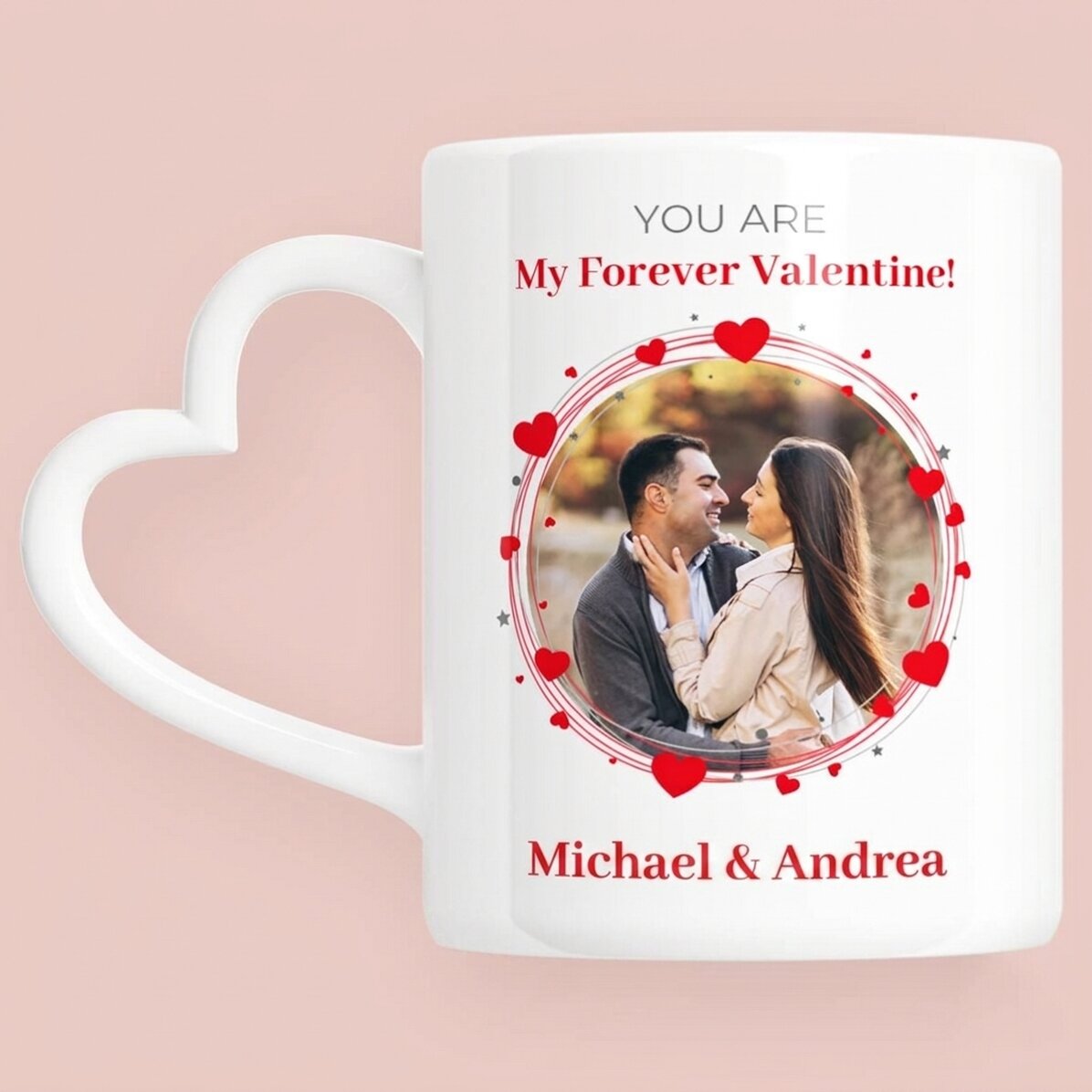Personalisierter Becher mit Foto und Text – Forever – Modell mit herzförmigem Henkel