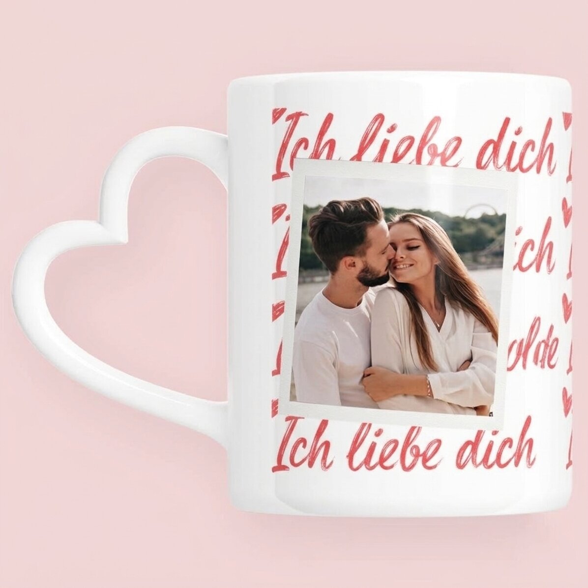 Personalisierte Tasse mit Foto und Text – Ich liebe dich! – Modell mit herzförmigem Henkel