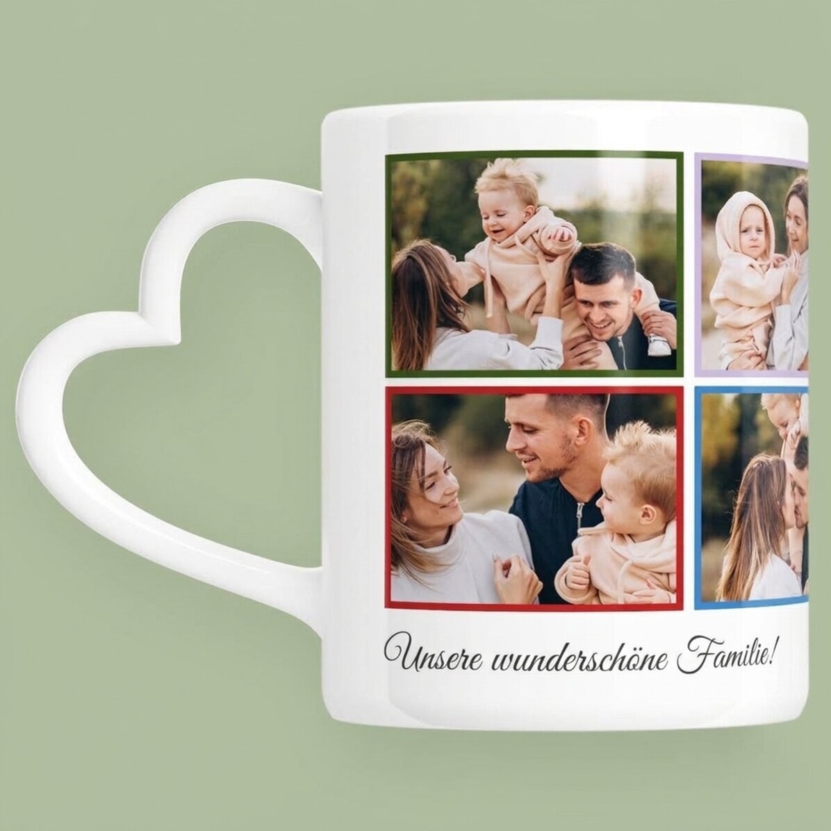 Personalisierte Tasse mit 8 Fotos und Text – Modell mit herzförmigem Henkel