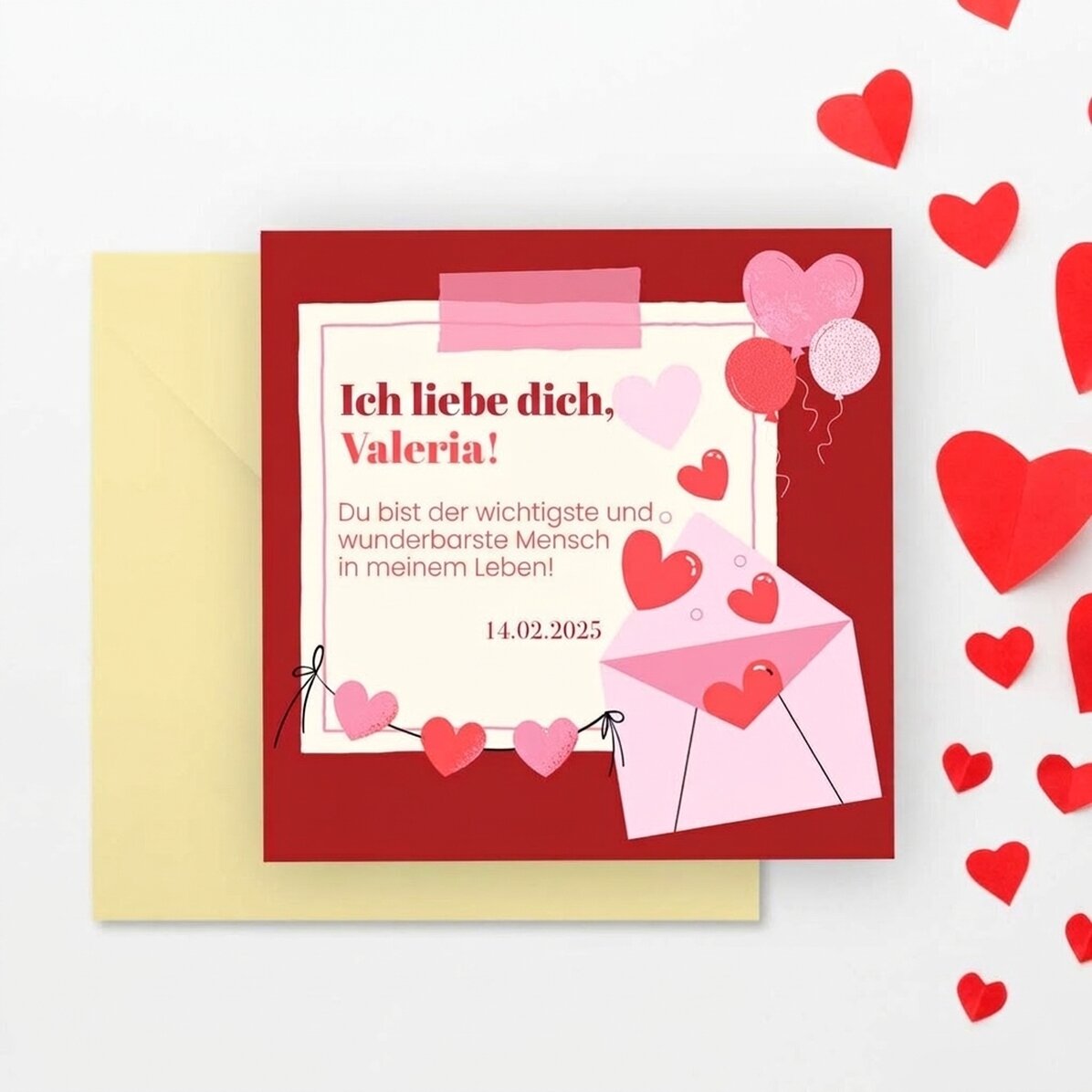 Individuell gestaltete quadratische Karte mit der Botschaft „Ich liebe dich!“