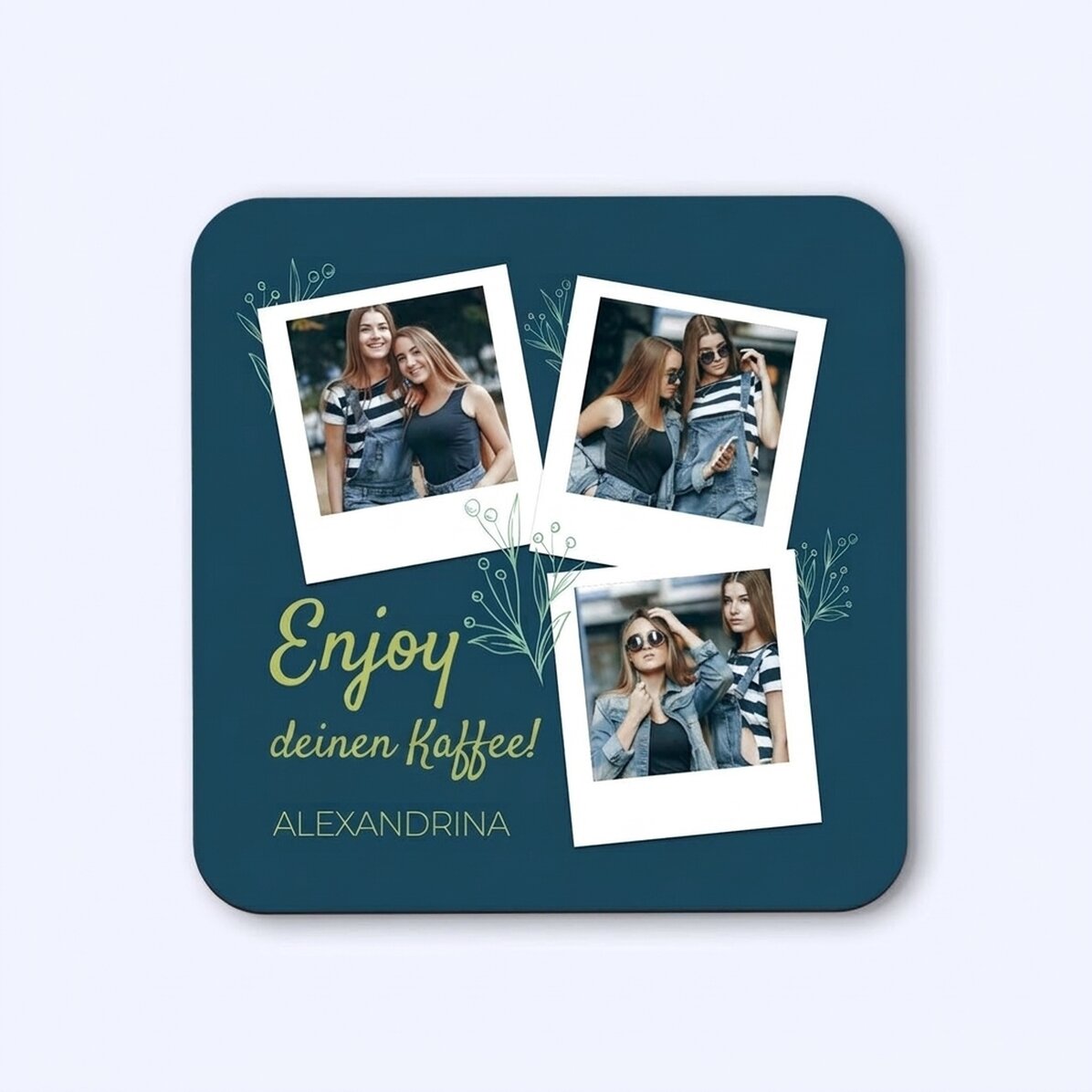 Personalisierter Untersetzer mit 3 Fotos und Text – Enjoy your coffee