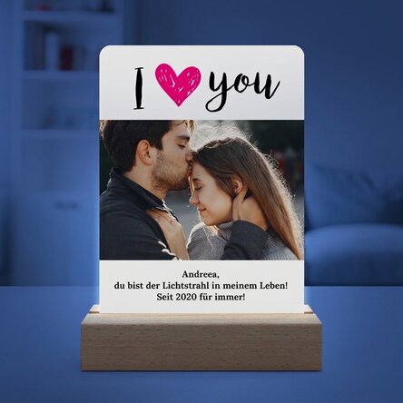 Individuell gestaltete LED-Nachtlampe mit Foto und Botschaft – „I love you“