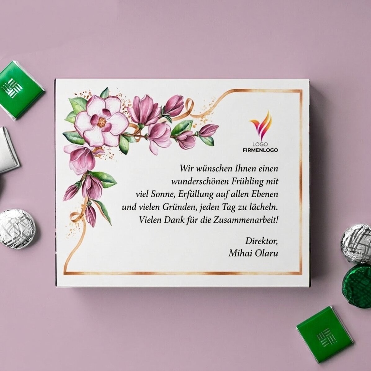 Personalisierte Pralinenschachtel mit Logo und Botschaft – Floral