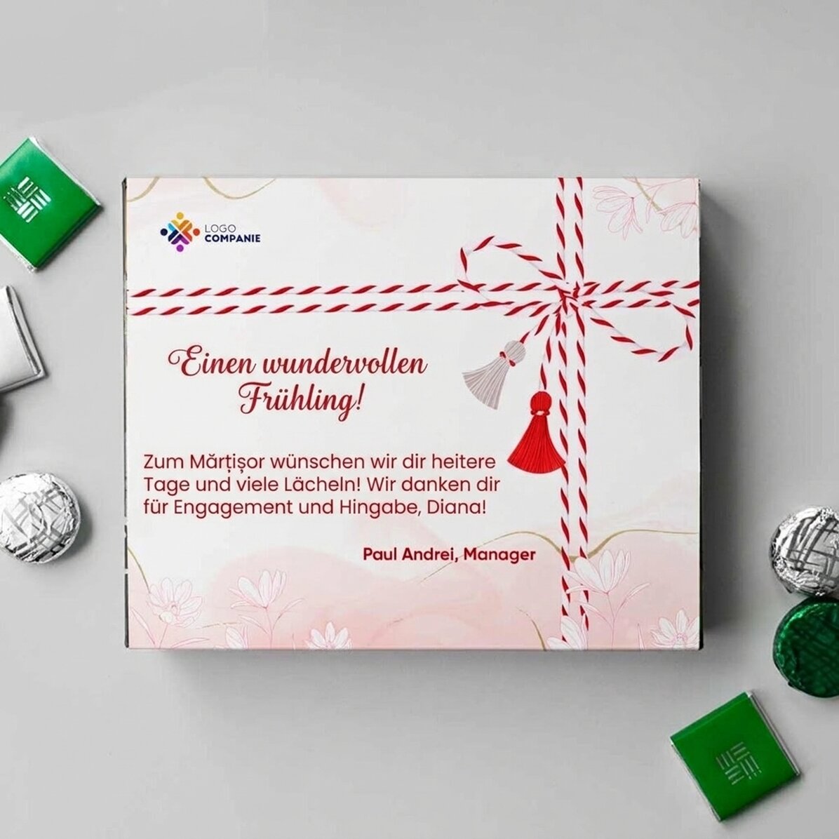 Personalisierte Pralinenschachtel mit Logo und Text