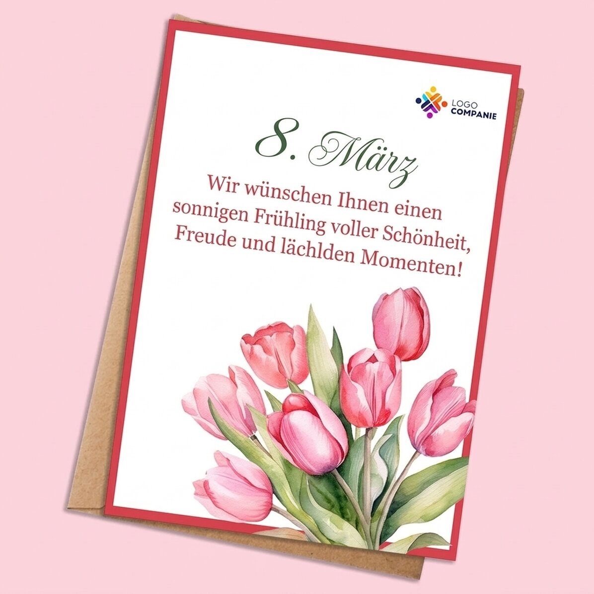 Personalisierte Karte mit Botschaft und Logo – Blumen