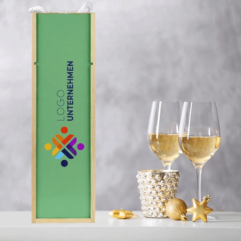 Personalisierte Weinkiste mit Logo und austauschbarem Hintergrund