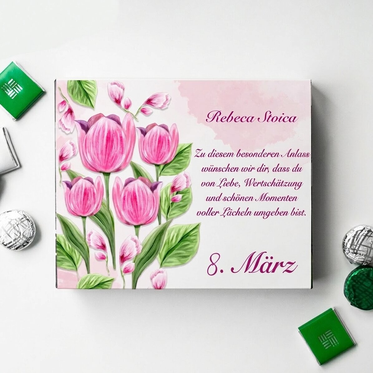 Personalisierte Pralinenschachtel mit Text – Tulpen
