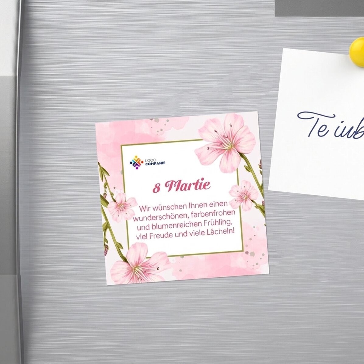 Individuell gestalteter Magnet 10 x 10 mit Logo und Text – 8. März