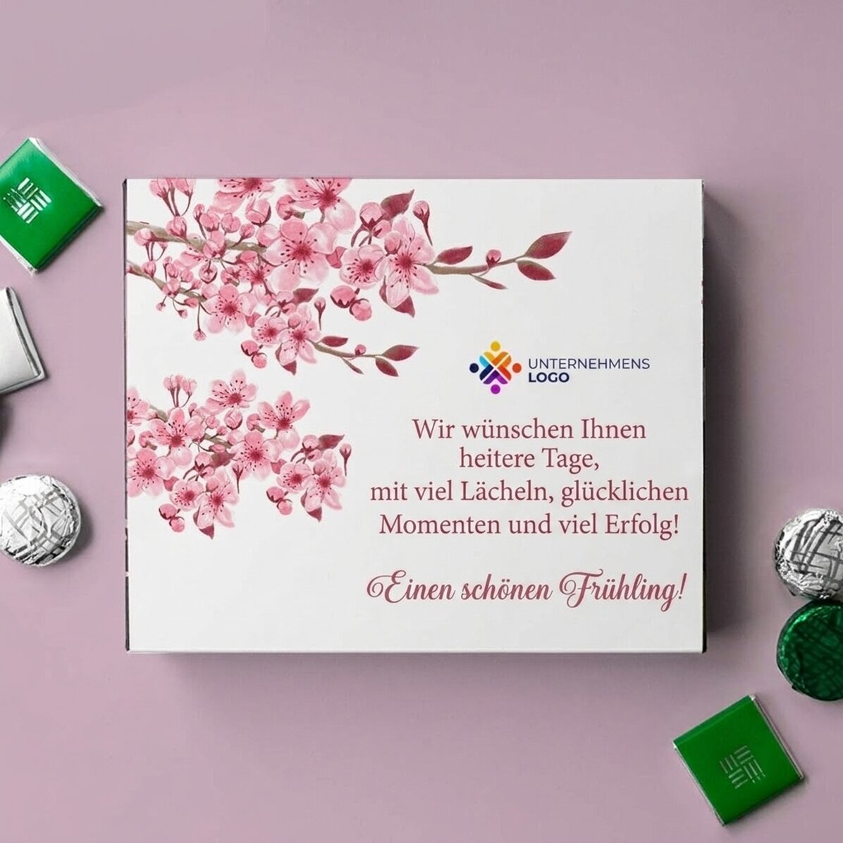 Personalisierte Pralinenschachtel mit Logo und Text – Frühling