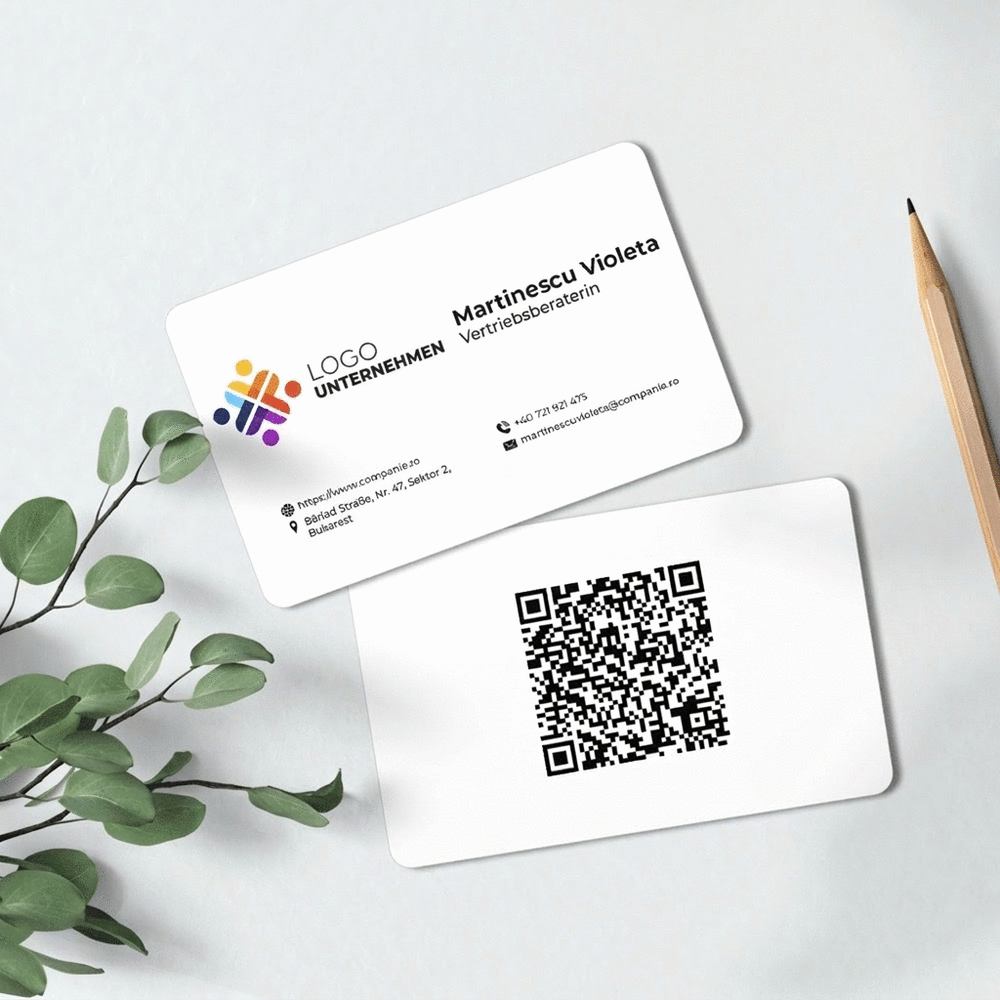 Individuell gestaltete Aluminium-Visitenkarte (Vorder- und Rückseite) mit QR-Code und Kontaktdaten