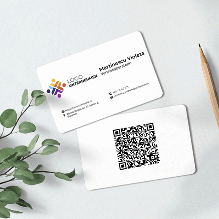 Individuell gestaltete Aluminium-Visitenkarte (Vorder- und Rückseite) mit QR-Code und Kontaktdaten