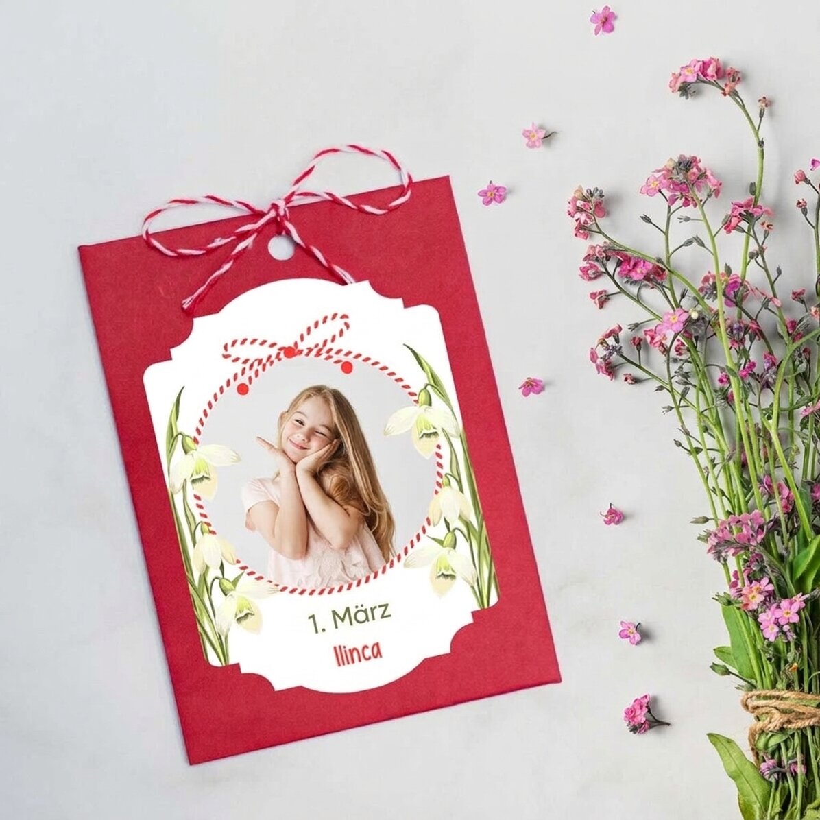 Individuell gestalteter Martisor zum Einpflanzen mit Foto und Botschaft – Schneeglöckchen