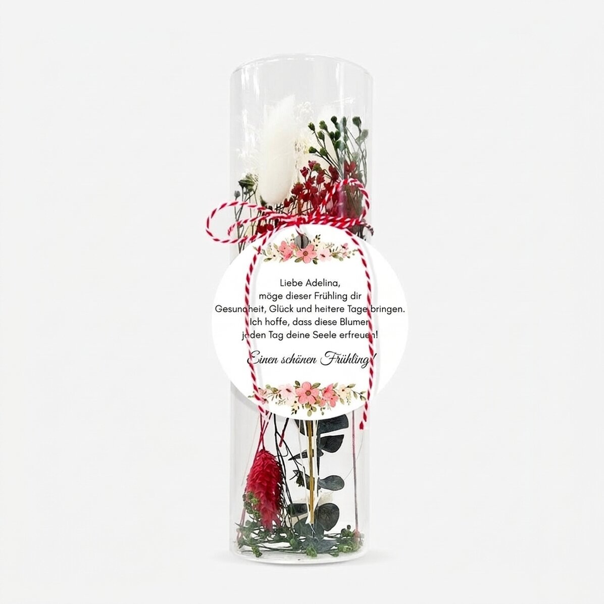 Martisor-Ornament aus Glas mit konservierten Blumen, individuell mit einer Botschaft versehen