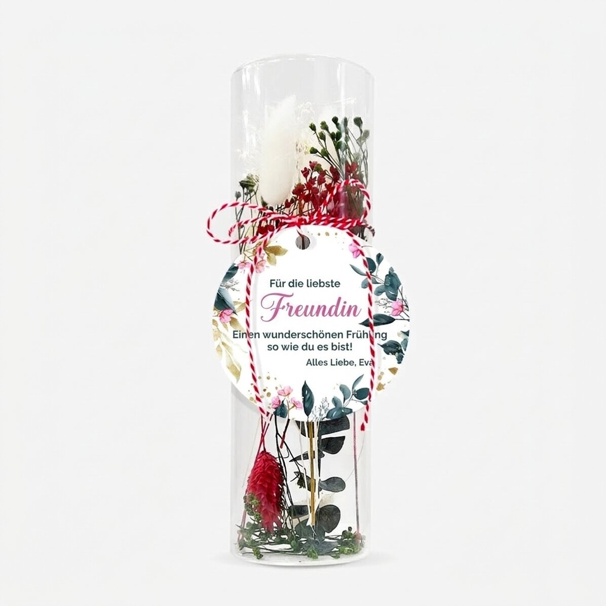 Martisor-Dekoration aus Glas mit konservierten Blumen, individuell mit einer Botschaft gestaltet – M