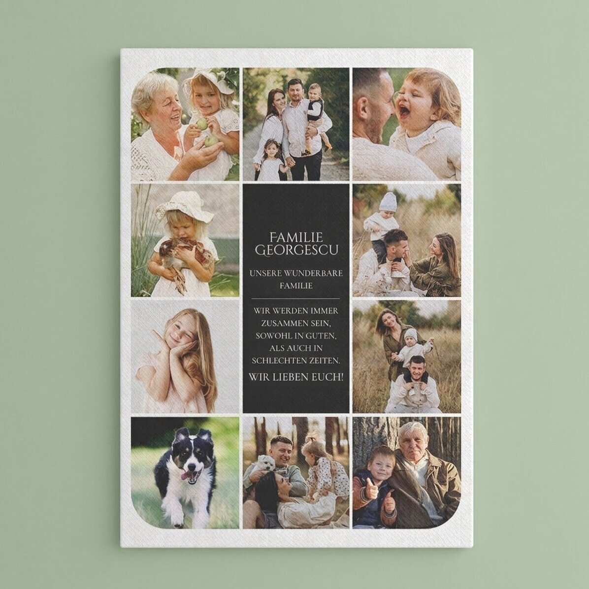 Individuell gestaltetes Leinwandbild mit Text und 10 Fotos – Unsere Familie