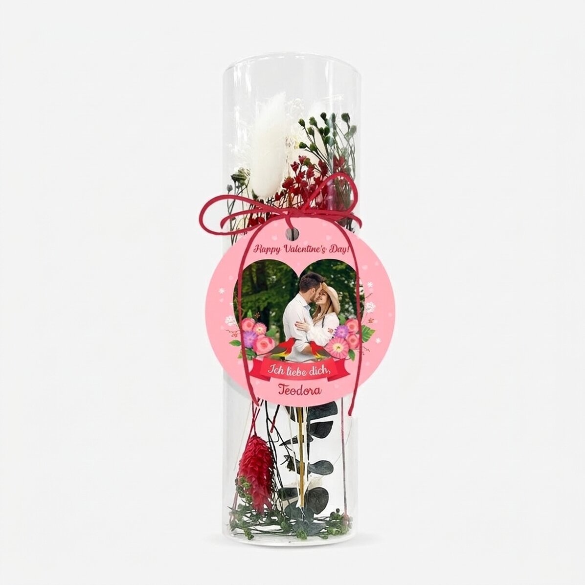 Glasornament mit konservierten Blumen, individuell gestaltet mit Text und Foto – Love