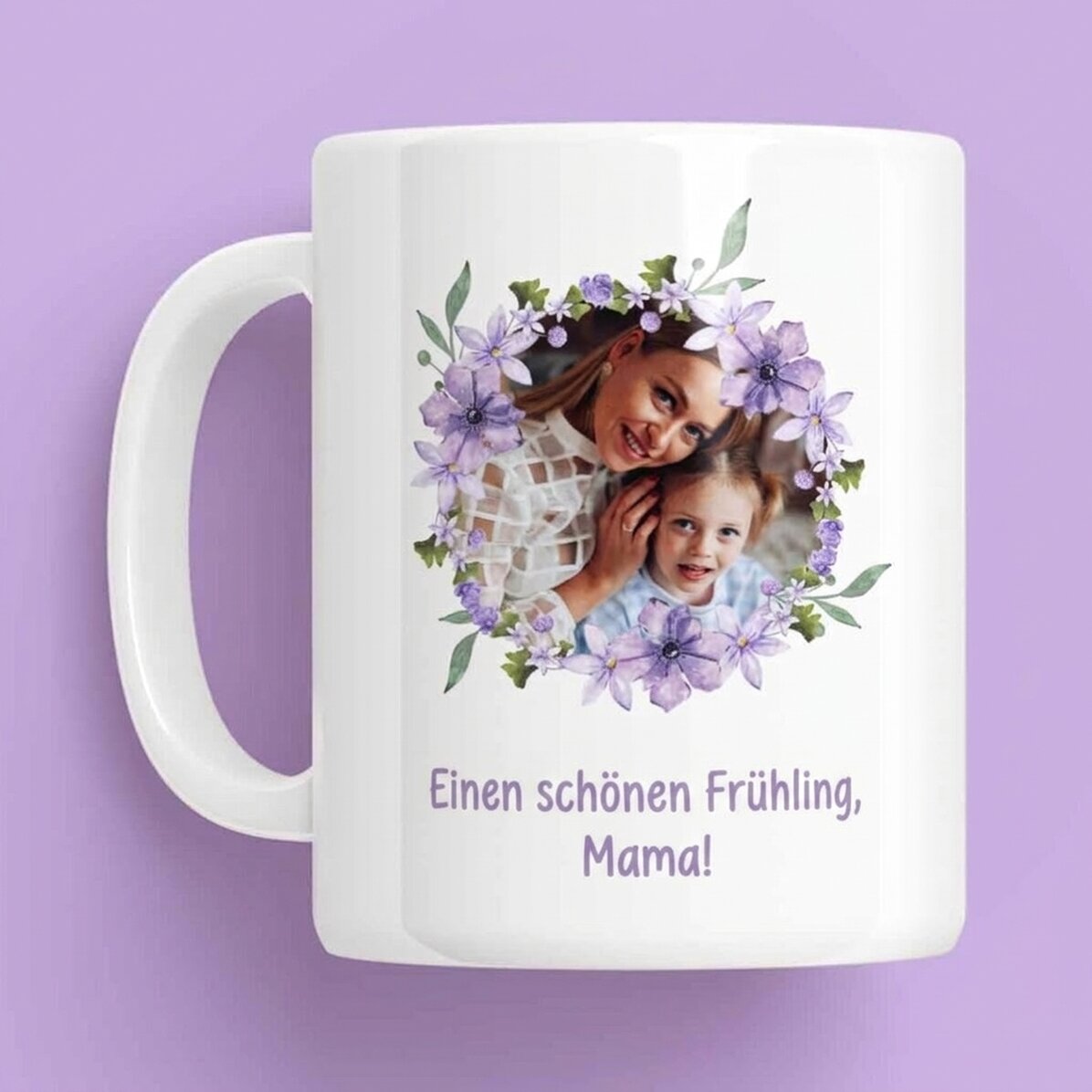 Personalisierte Tasse mit Foto und Text – Einen schönen Frühling!