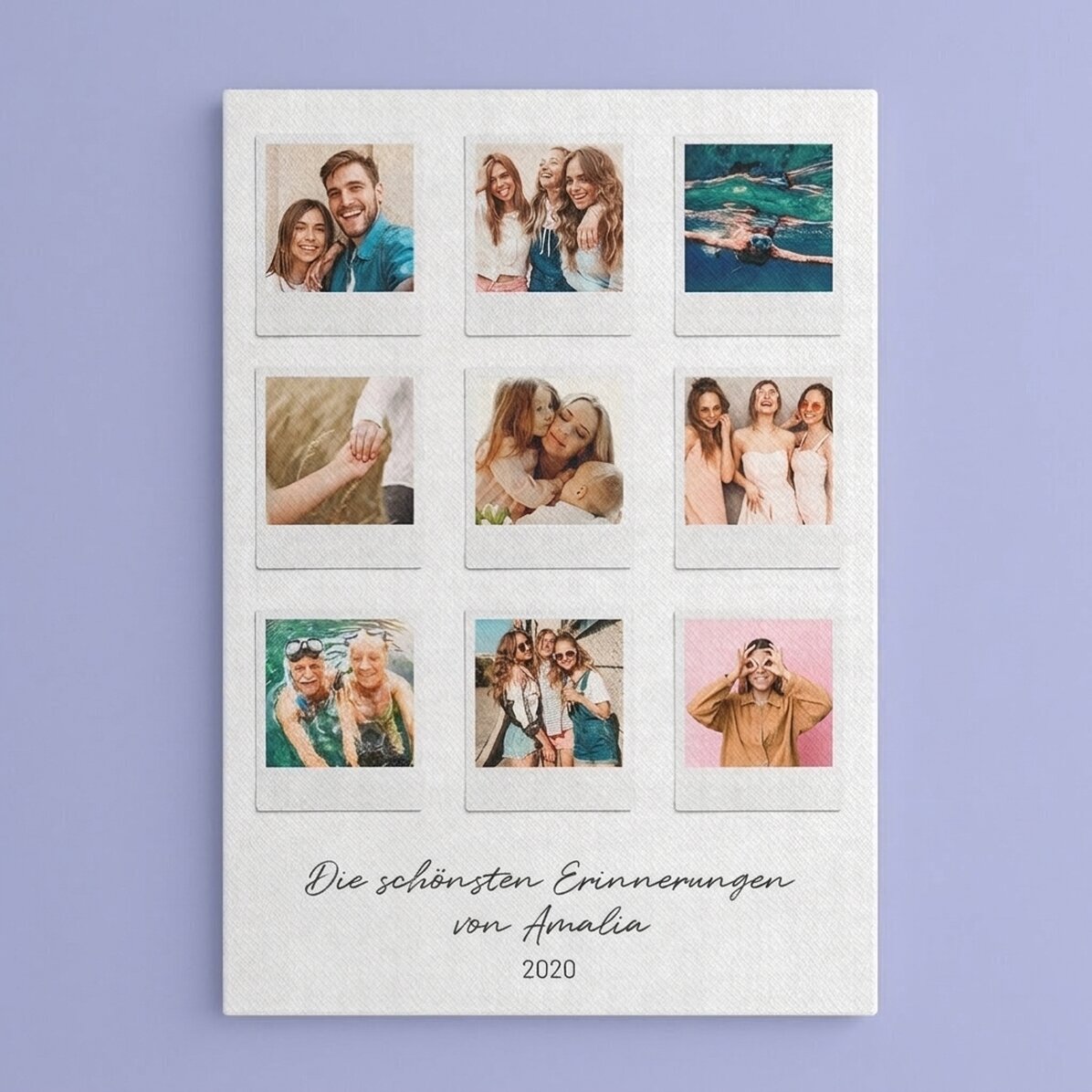 Individuell gestaltetes Leinwandbild mit Text und 9 Fotos im Polaroid-Stil – Die schönsten Momente
