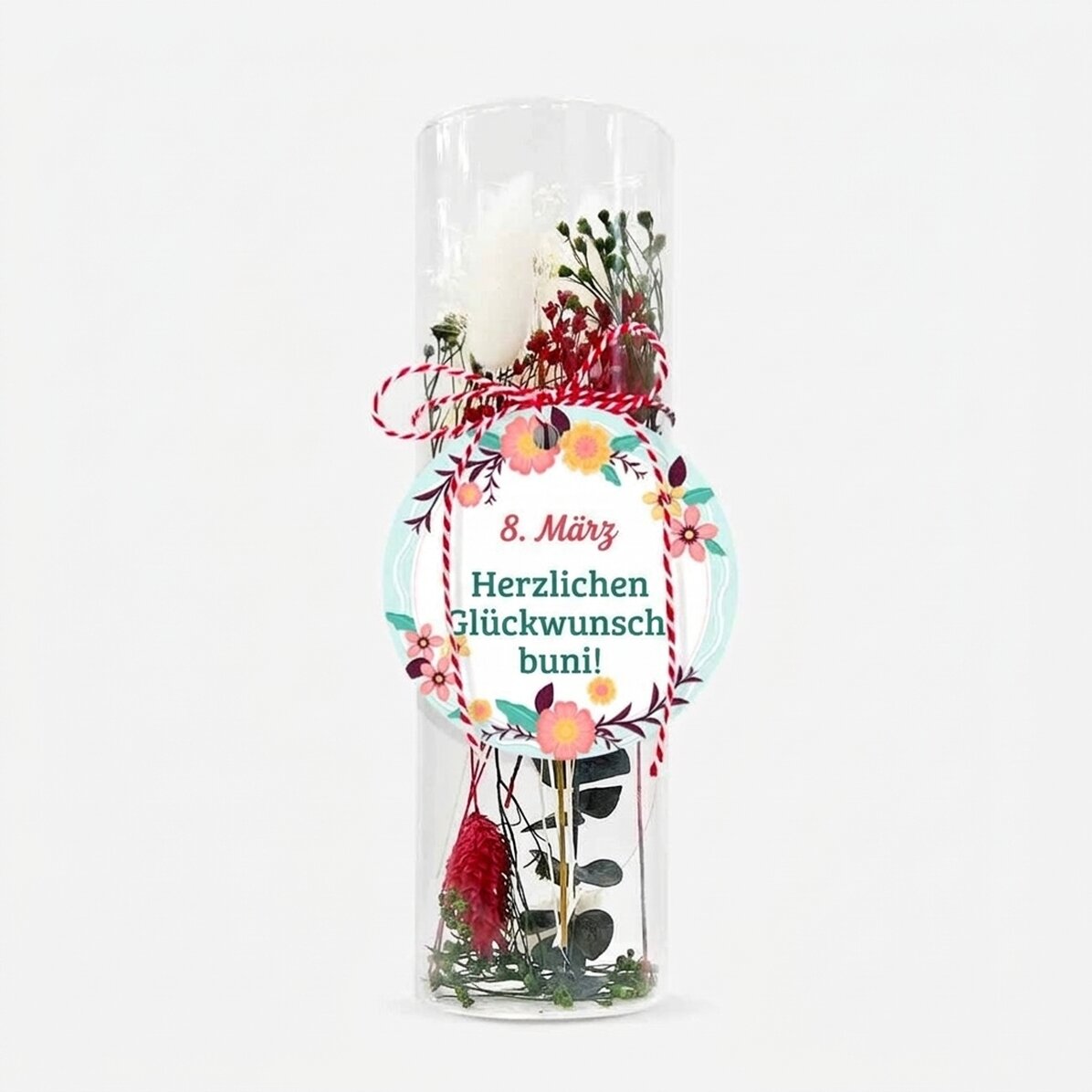Martisor-Ornament aus Glas mit konservierten Blumen, individuell mit einer Botschaft versehen