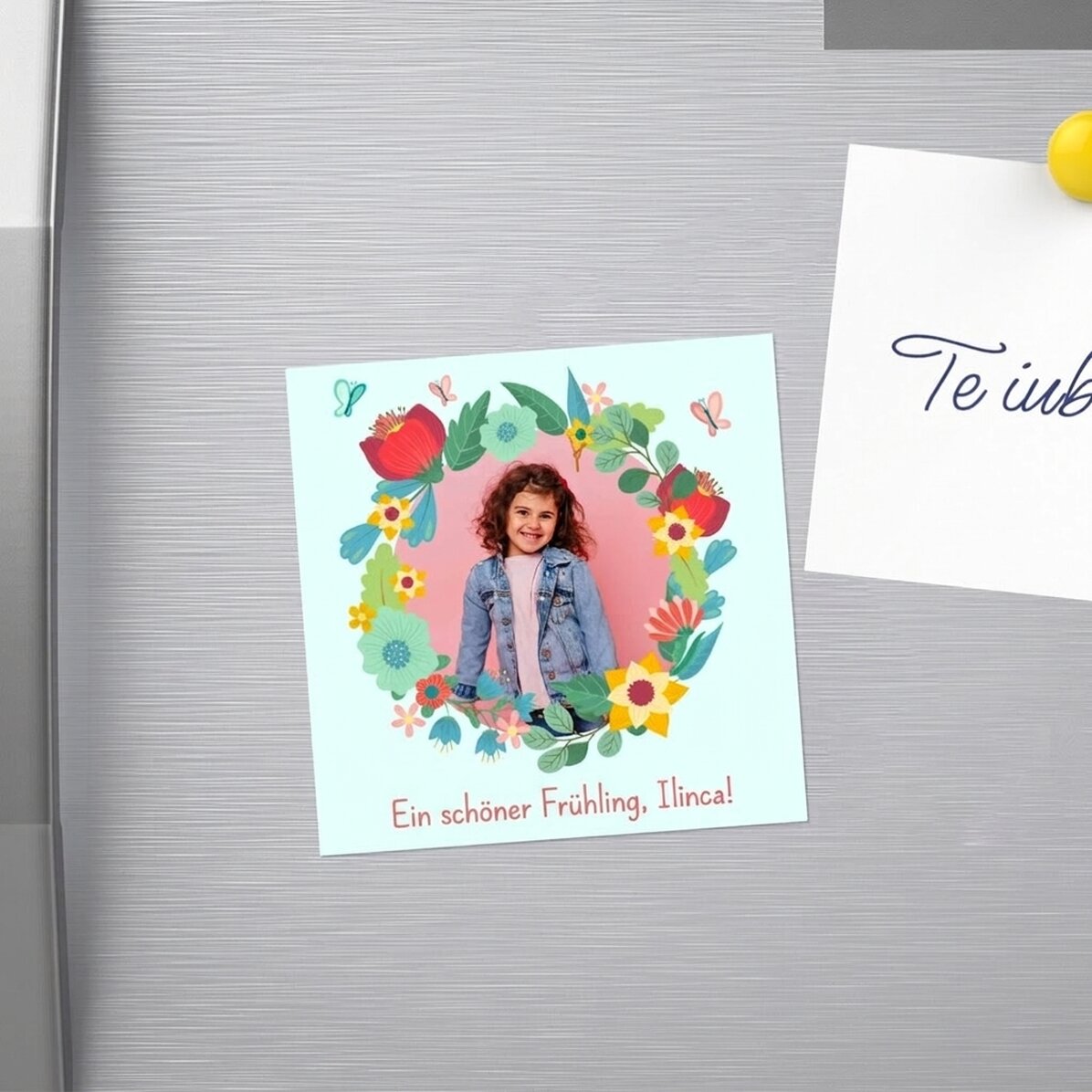Individuell gestalteter Magnet (10 x 10) mit Foto und Text – Blumen