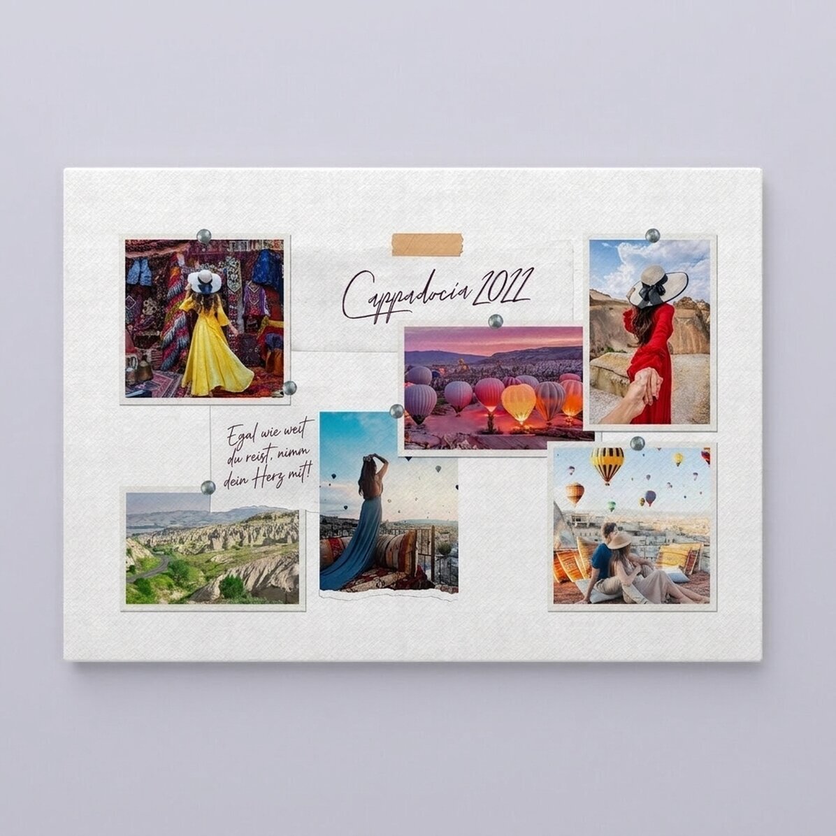 Individuell gestaltetes Leinwandbild im Querformat mit 6 Fotos und Text – Dein Urlaub
