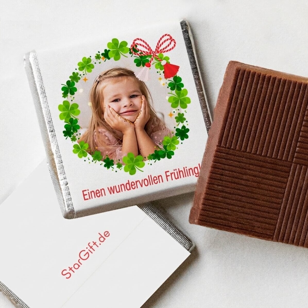 Personalisierte Mini-Schokolade mit Foto und Botschaft „Kleeblatt“