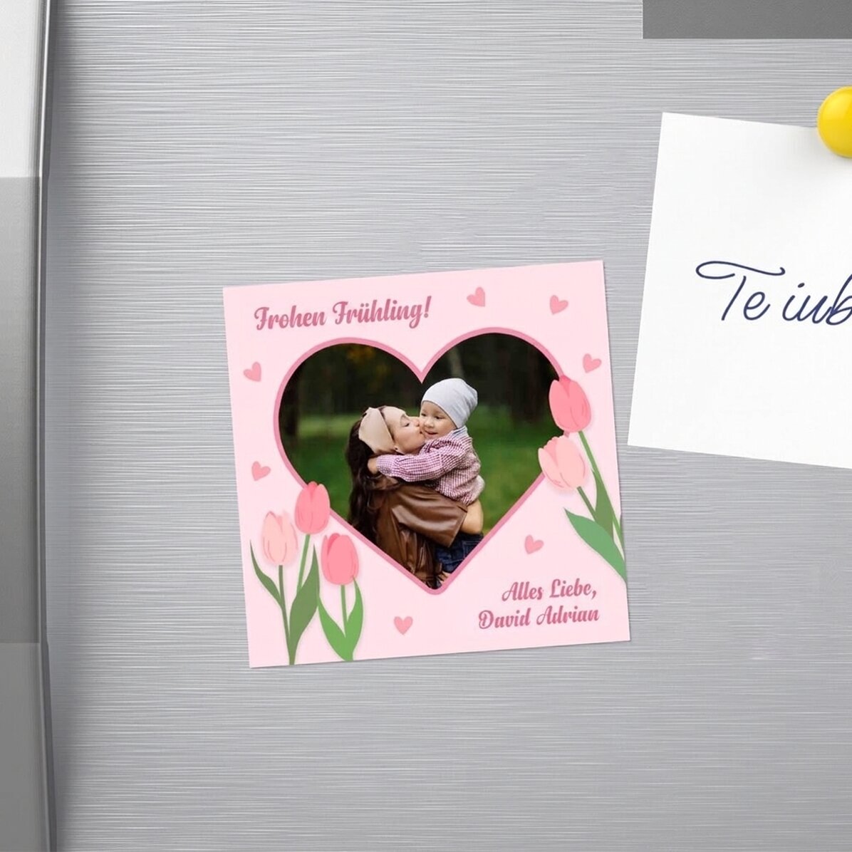Individuell gestalteter Magnet (10 x 10) mit Foto und Text – Fröhlicher Frühling