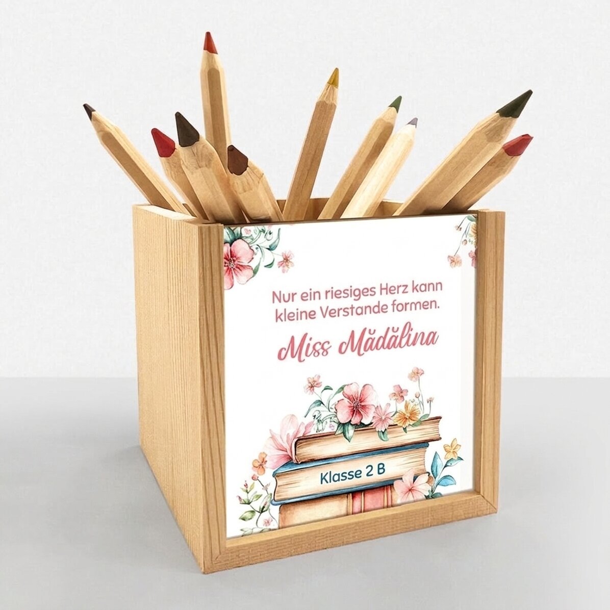 Personalisierter Stifthalter mit einer Botschaft für Lehrerinnen