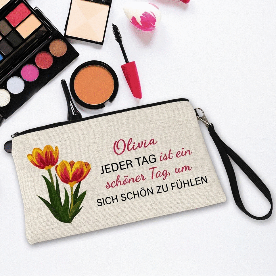 Personalisierte Accessoire-Tasche mit Botschaft – Blumen