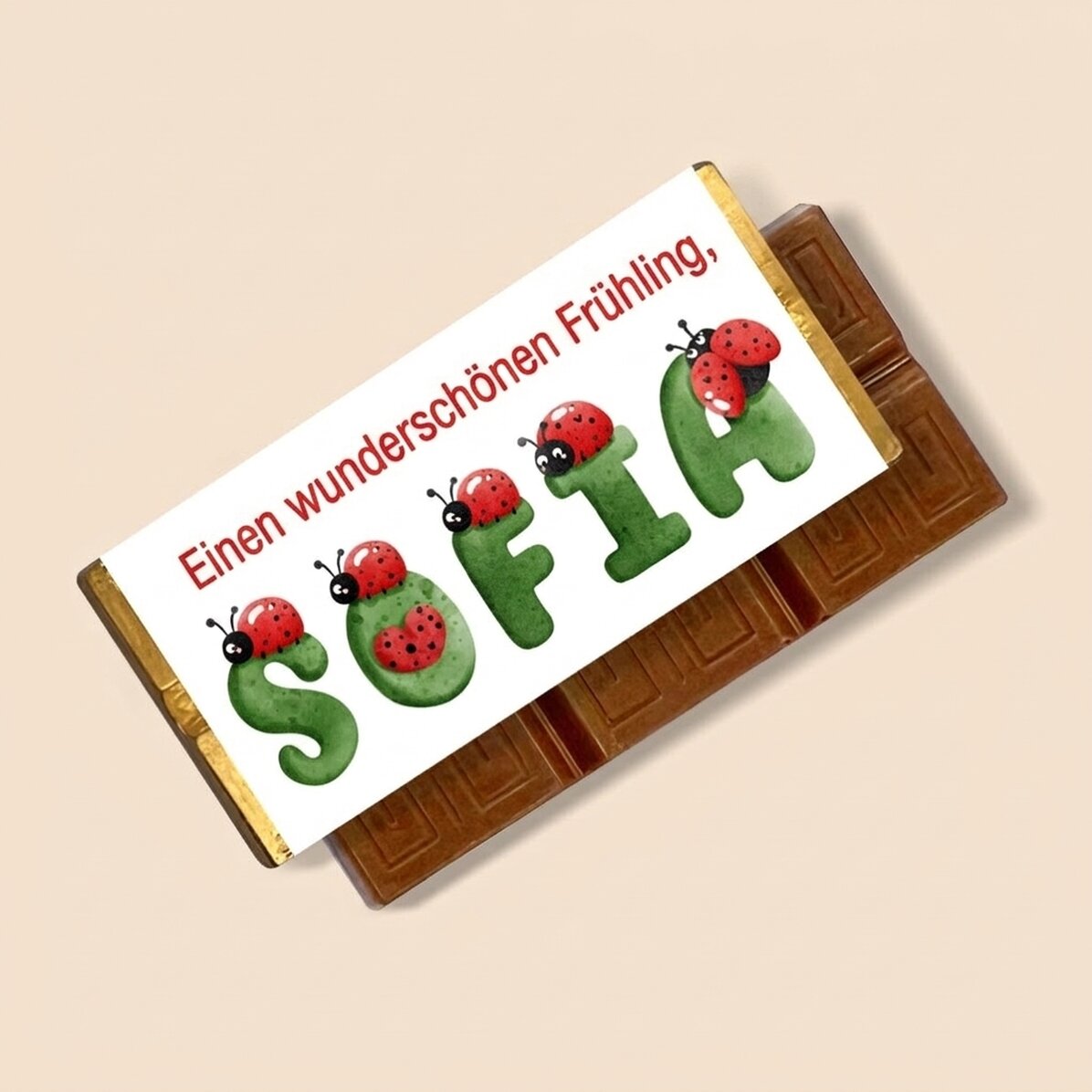 Personalisierte Mini-Schokoladentafel mit Botschaft und Namen – Marienkäfer