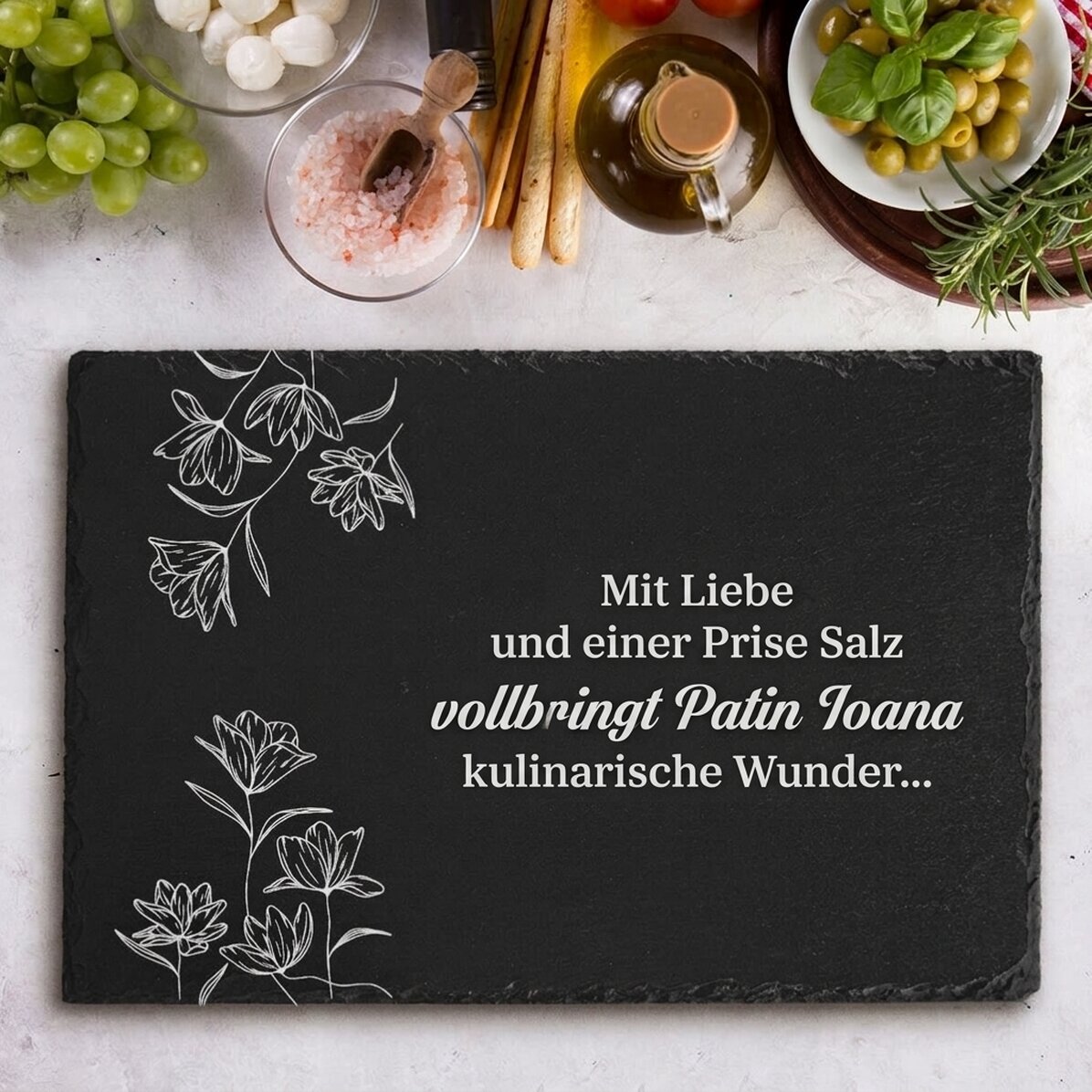 Individuell gravierte Schieferplatte mit einer Botschaft für die Patin
