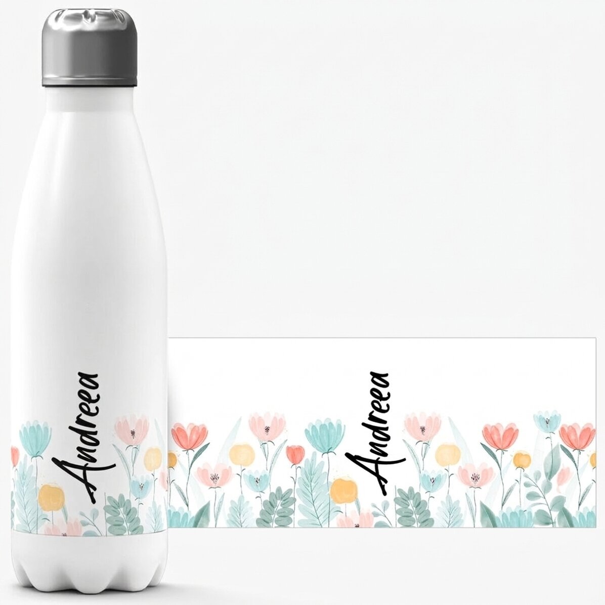 Thermoskanne mit weißem Boden, individuell mit Namen bedruckt – Blumen