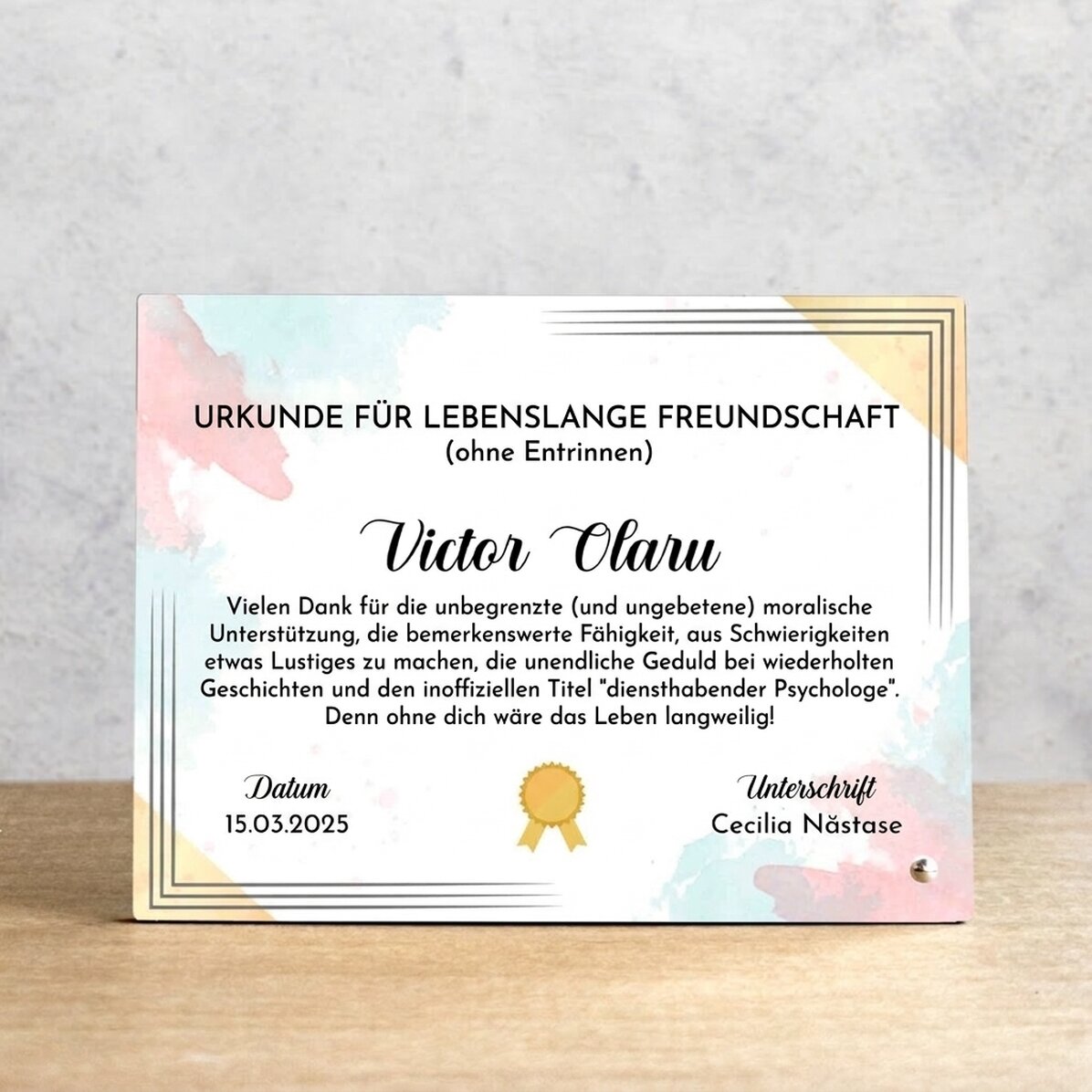 Personalisierter Fotorahmen für den Schreibtisch – Freundschaftsurkunde