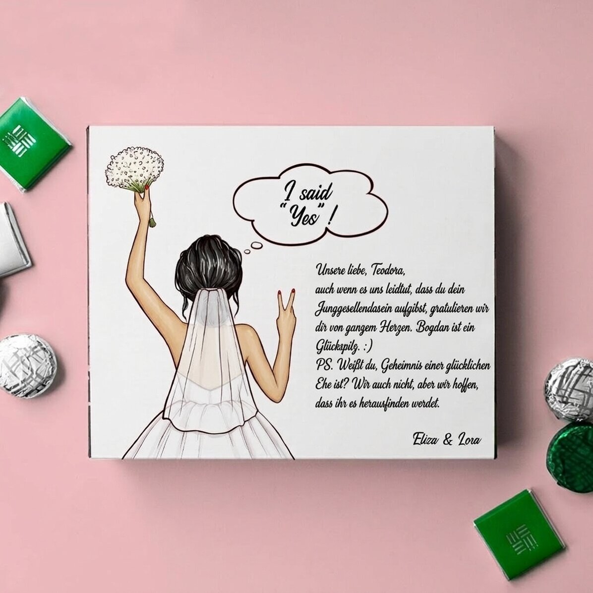 Personalisierte Pralinenschachtel mit Botschaft – „Bride to be“