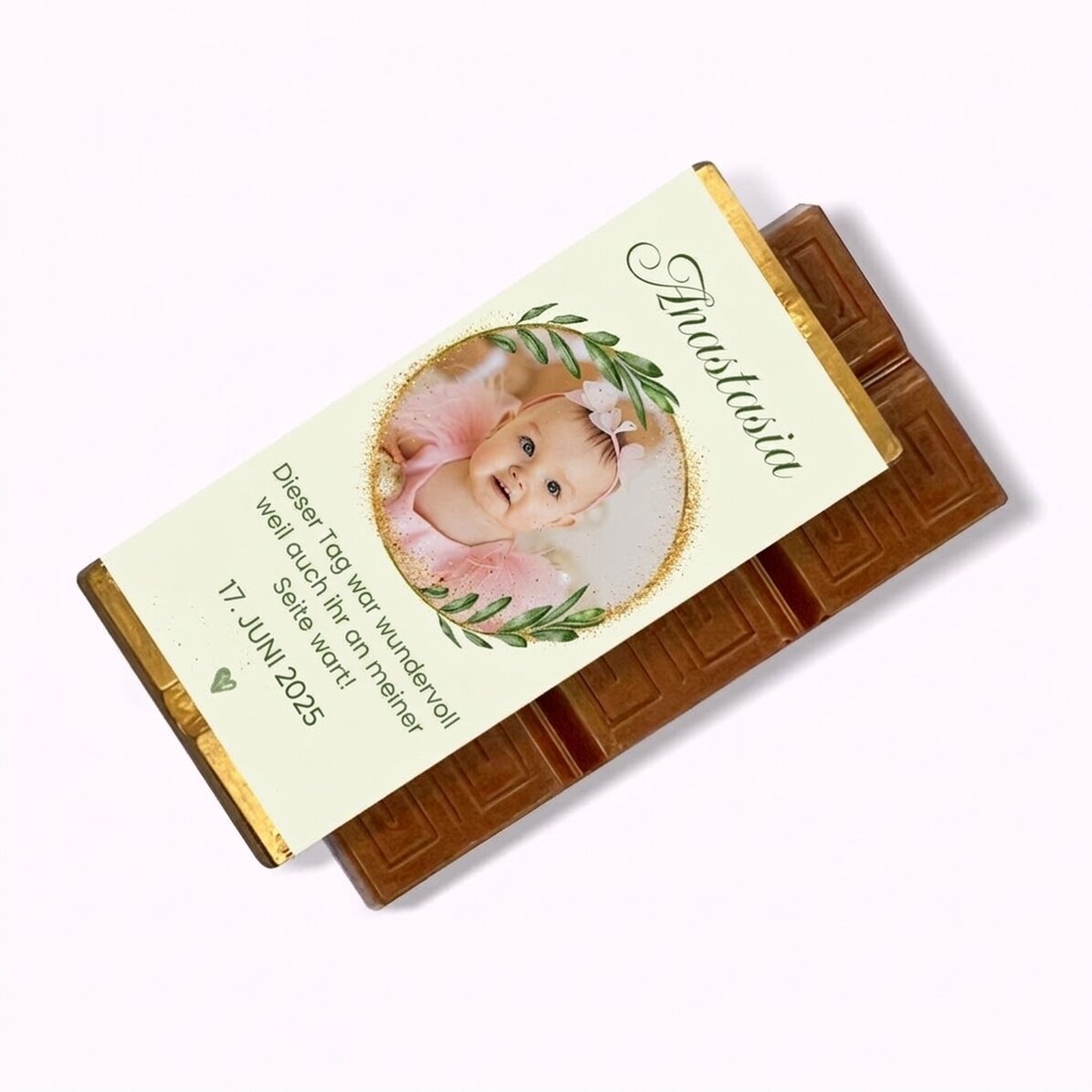 Personalisierte Mini-Schokoladentafel mit Foto und Botschaft zur Taufe