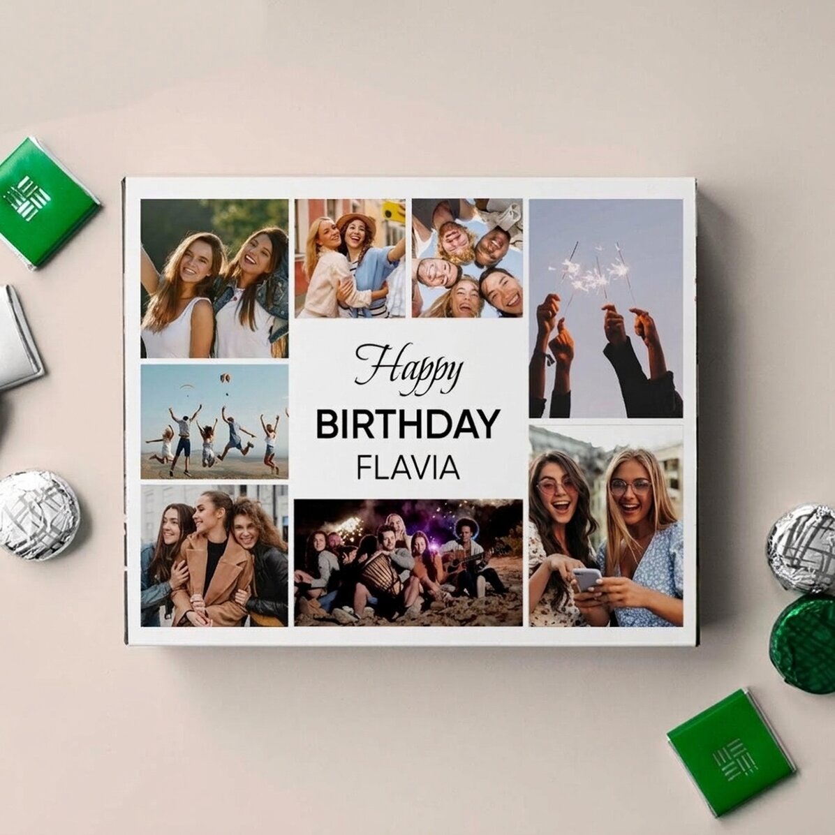 Personalisierte Pralinenschachtel mit 8 Fotos und einer Botschaft – Happy Birthday!