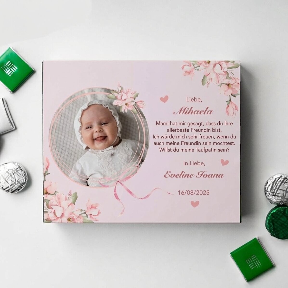 Personalisierte Pralinenschachtel mit Foto und Botschaft zur Taufe – Bitte um die Patenschaft