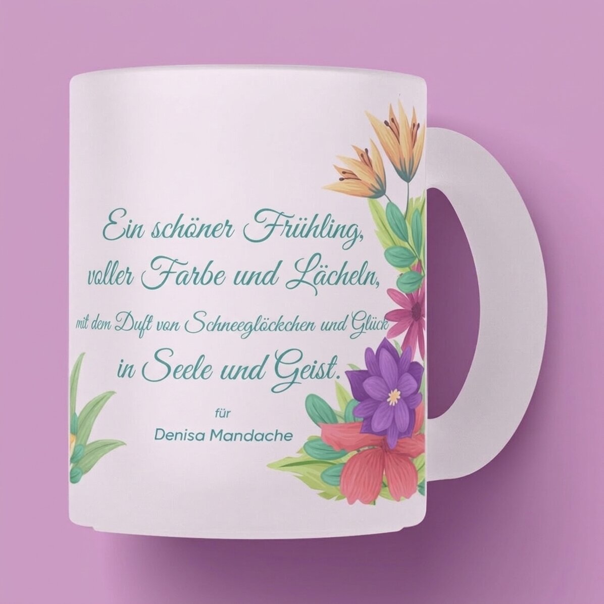 Personalisierter Glasbecher mit Logo und Text – Frühlingsblumen