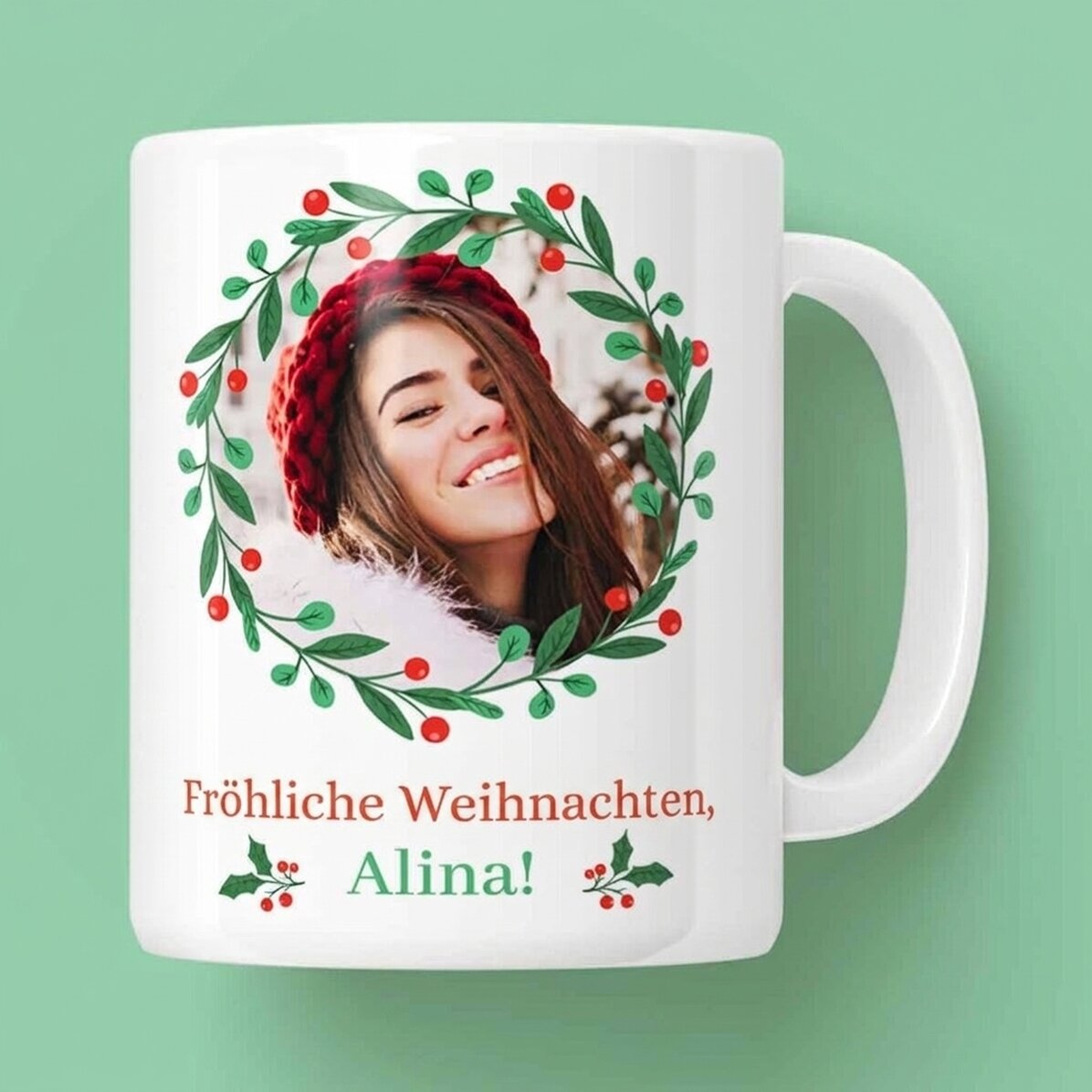 Personalisierte Tasse mit Text und Foto – Frohe Weihnachten!
