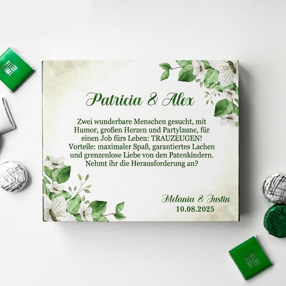 Personalisierte Pralinenschachtel mit Text – Bitte um die Patenschaft