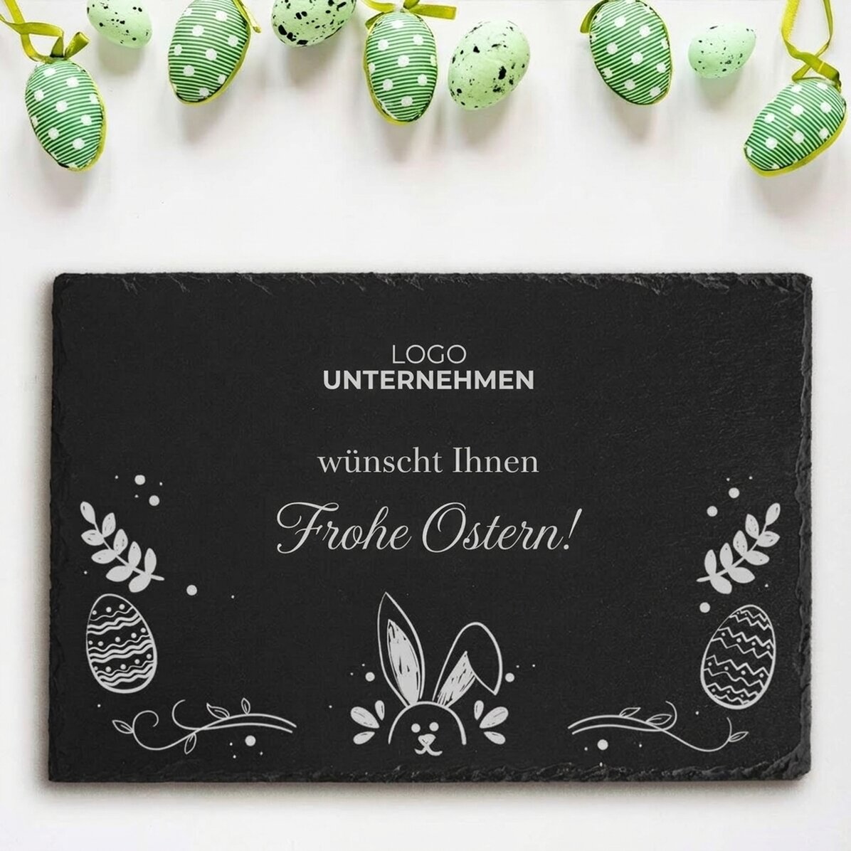 Individuell gravierte Schieferplatte mit Logo und Text – Ostern