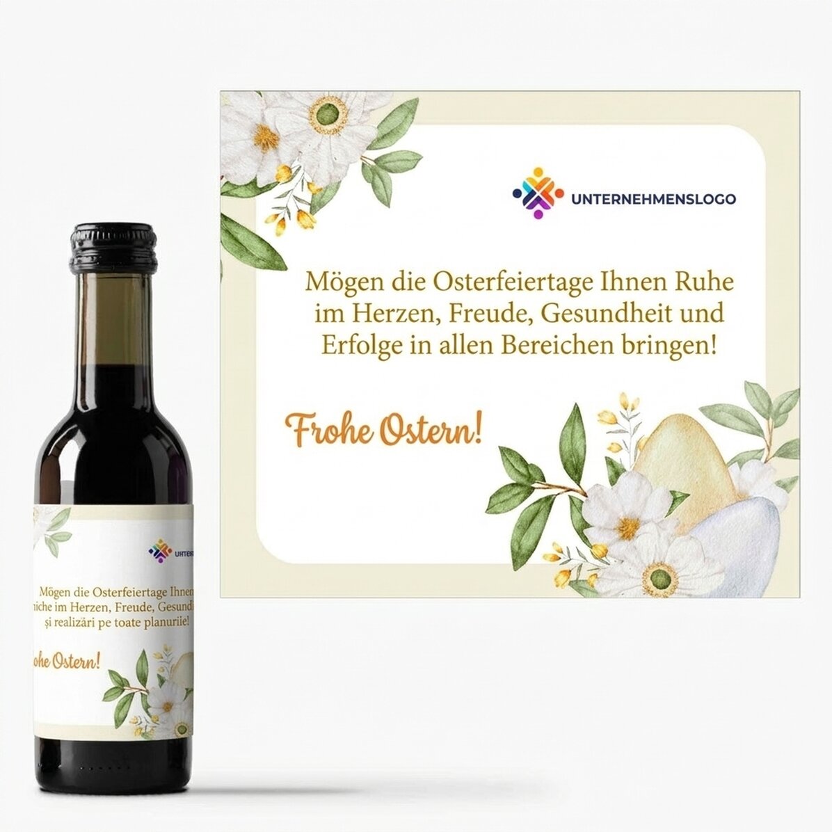 Personalisierte Mini-Weinflasche mit Logo und Botschaft – Ostern