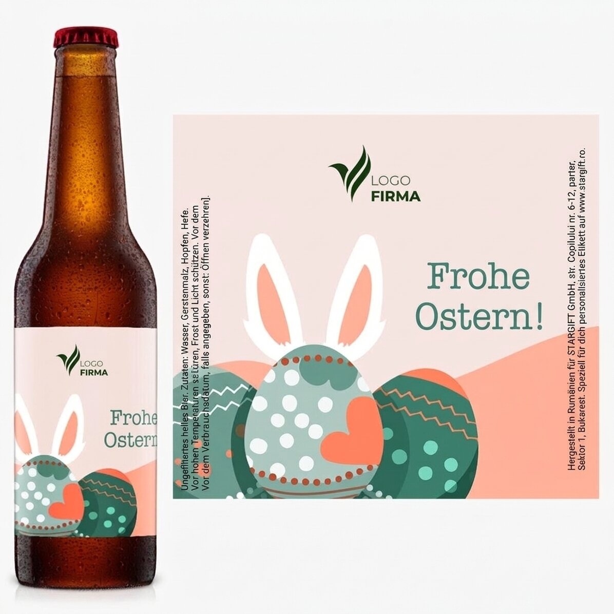 Individuell gestaltetes Bier mit Logo und Text – Frohe Ostern!