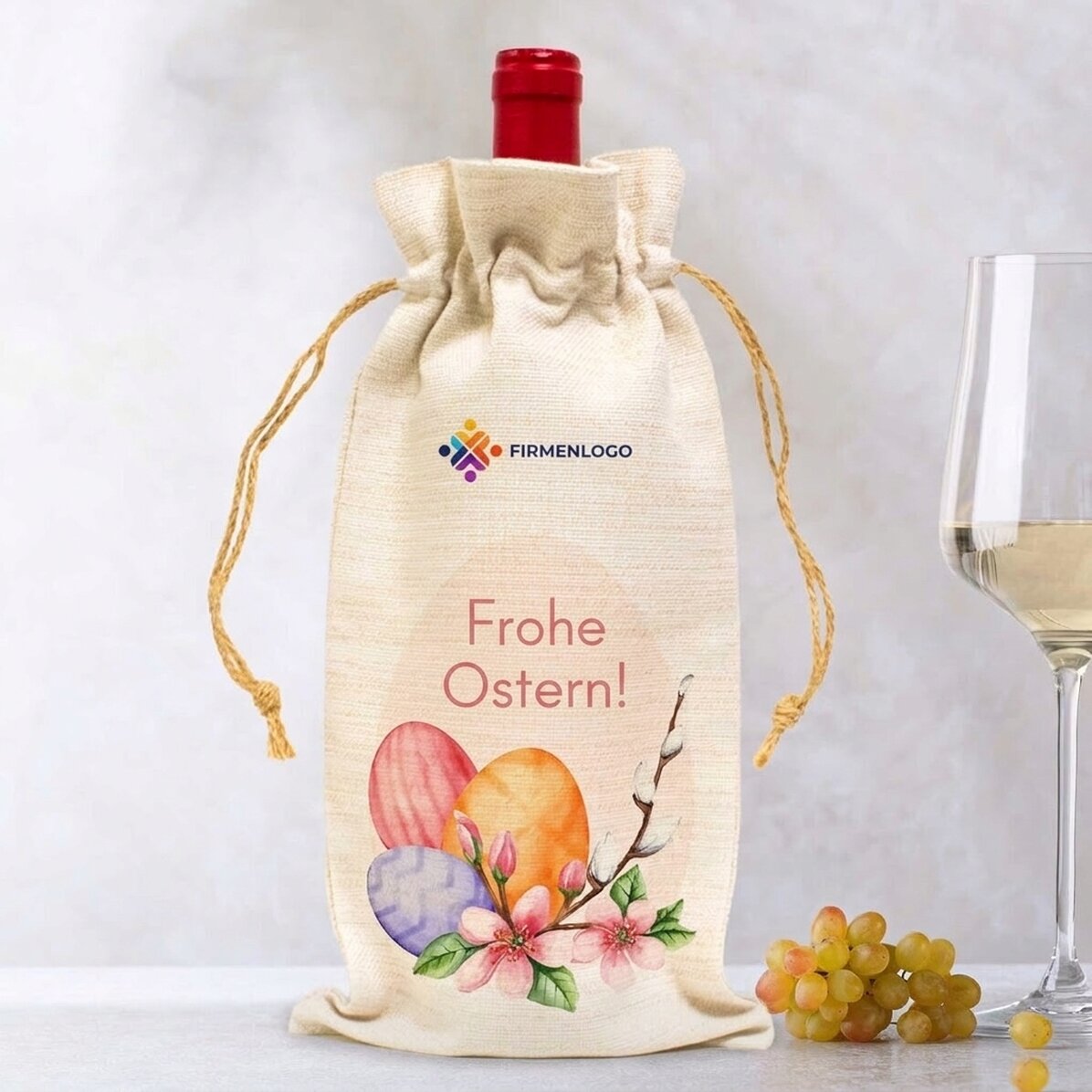 Personalisierte Weintüten mit Logo und Text – Frohe Ostern!