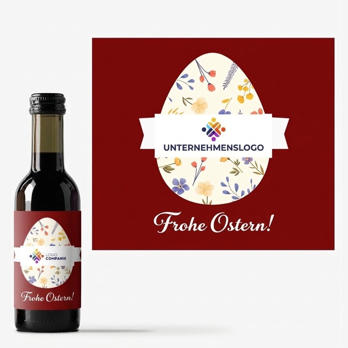 Kleine Weinflasche, individuell gestaltet mit Logo und Ostergruß