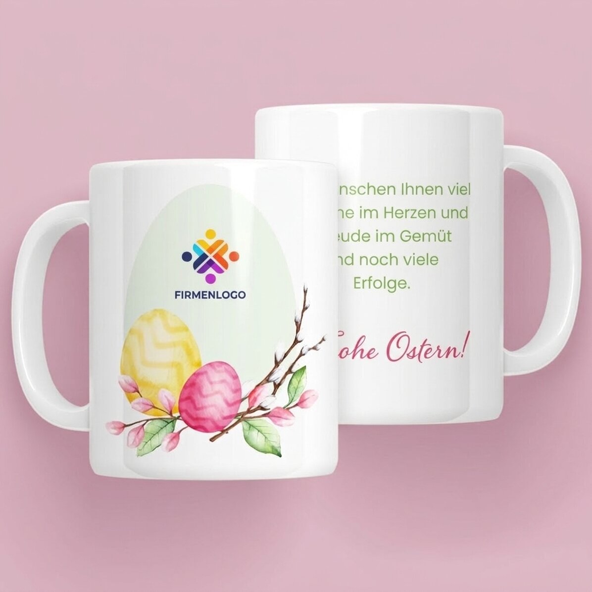 Personalisierte Tasse mit Logo und Text – Frohe Ostern!