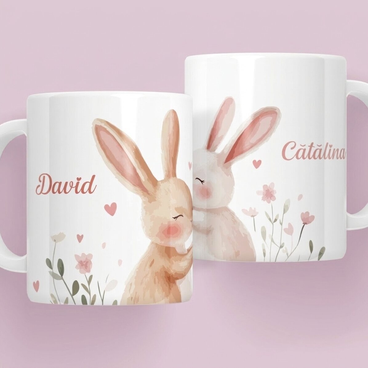 Personalisierte Tasse mit Namen – Verliebte Häschen