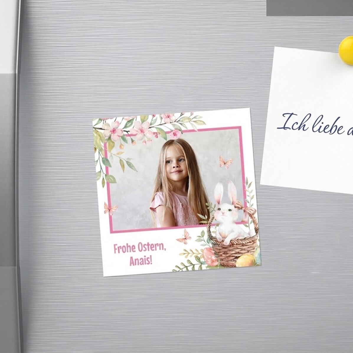 Individuell gestalteter Magnet (10 x 10) mit Foto und Botschaft – Frohe Ostern!