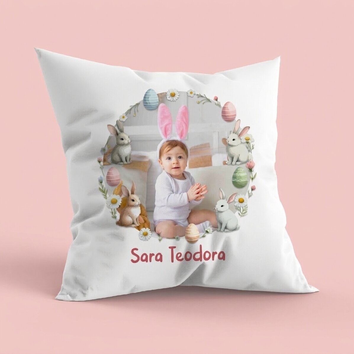 Personalisiertes Kissen mit Namen und Foto – Frohe Ostern!