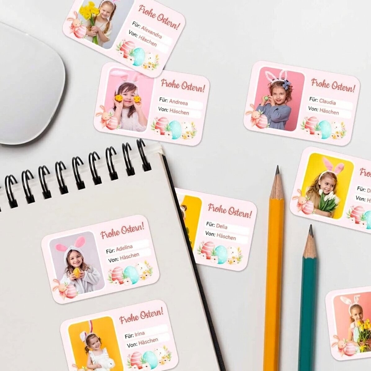 Set mit 8 individuell gestalteten Aufklebern (selbstklebende Etiketten) mit Fotos und Text – Frohe O